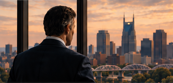 An elegant man looking over Nashville at sunset, with the AT&T building and bridge visible