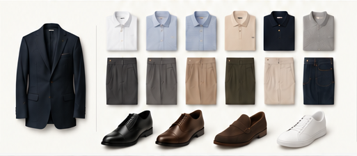 A coordinated wardrobe capsule with one navy jacket, six tops, six bottoms, and four pairs of shoes
