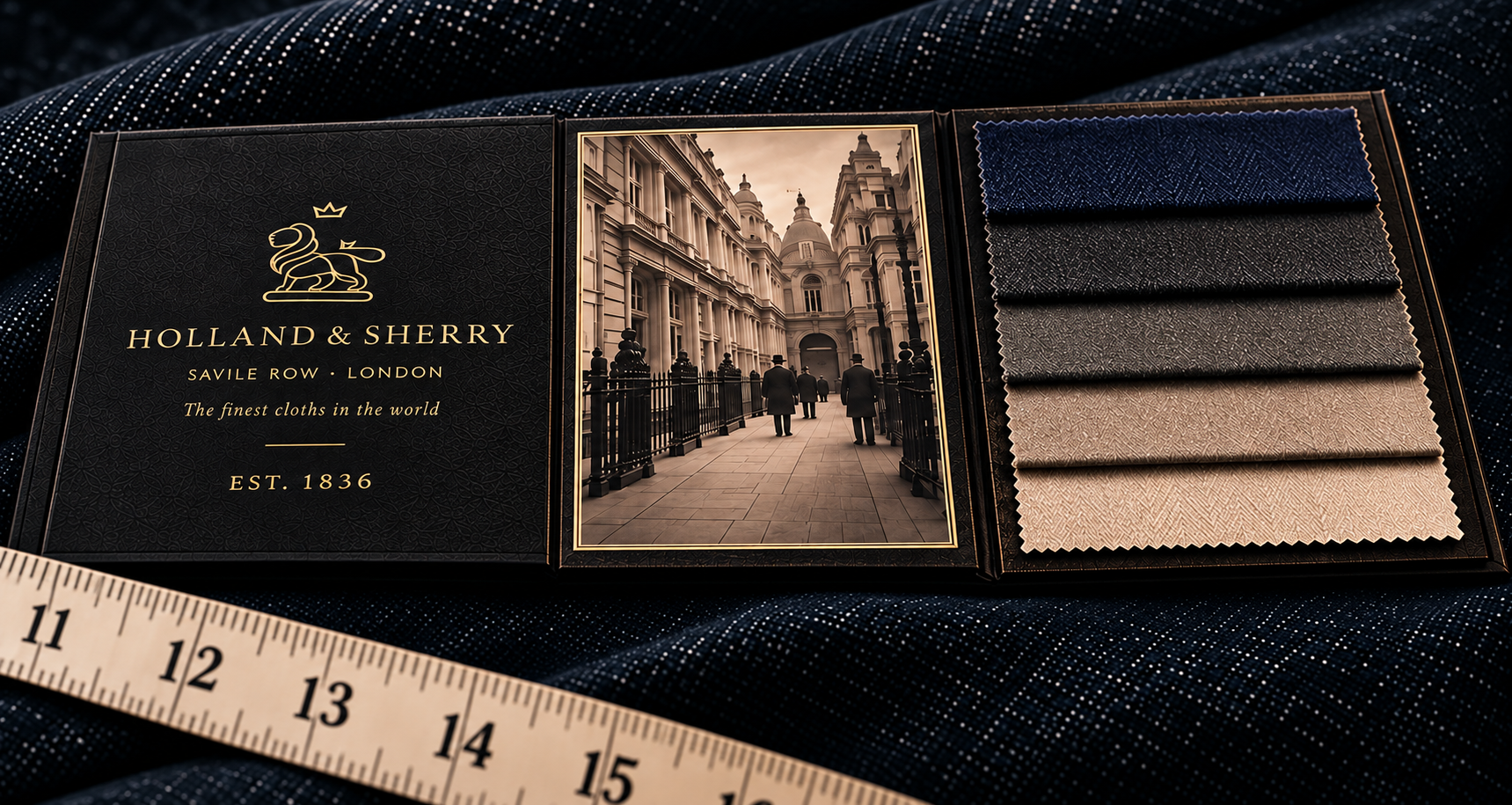 Open Holland & Sherry cloth portfolio with Savile Row photograph, fabric swatches, a tailor's tape in the foreground, and the cover line ‘The finest cloths in the world’